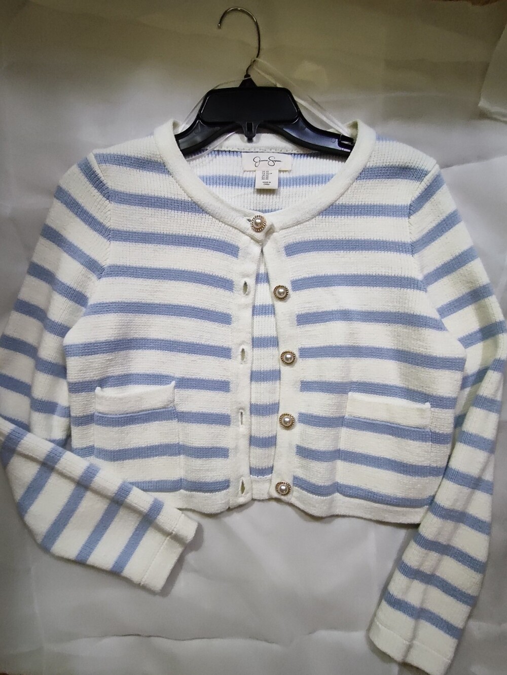 J. Crew Cropped Striped Cardigan in White and Light Blue
